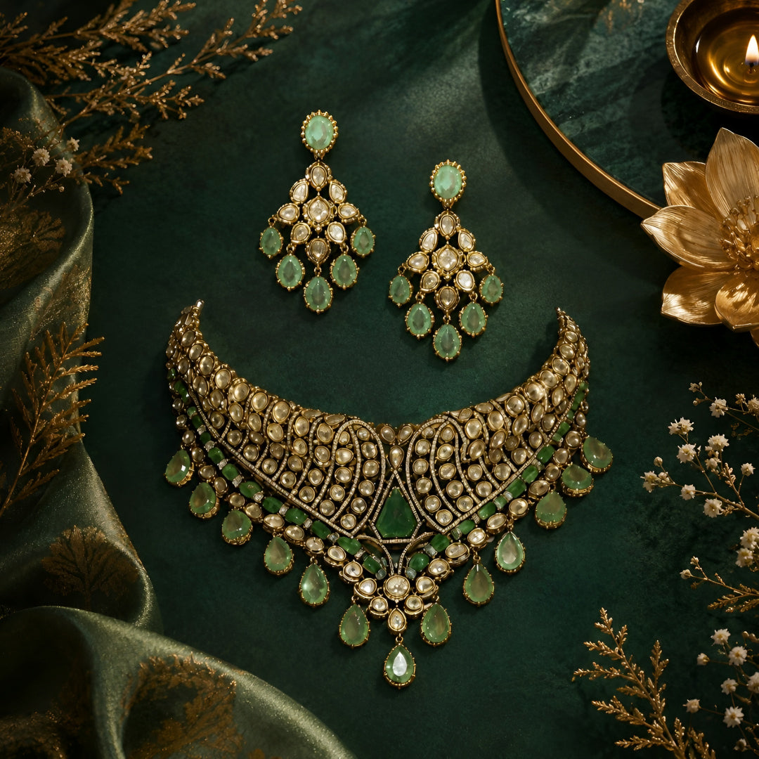 Heavy statement Indian bridal jewellery set styled on green backdrop