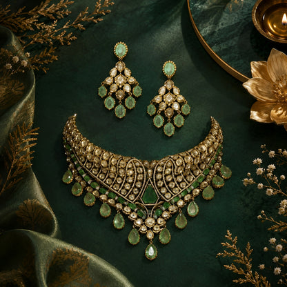 Heavy statement Indian bridal jewellery set styled on green backdrop