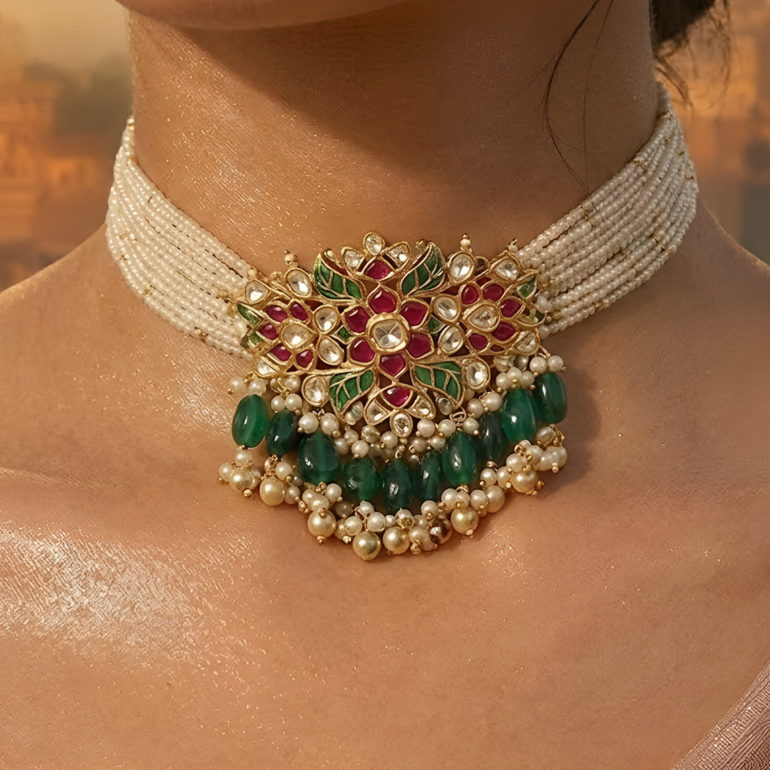 Traditional Kundan pearl choker necklace set with green bead drops and matching earrings in gold-plated finish for bridal and festive wear.