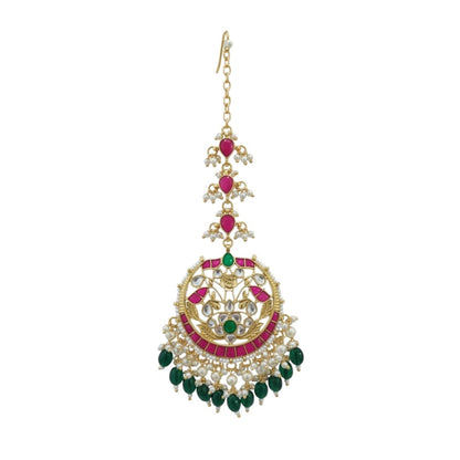 Traditional gold-plated Kundan maang tikka with ruby, emerald, and pearl detailing – bridal headpiece for women