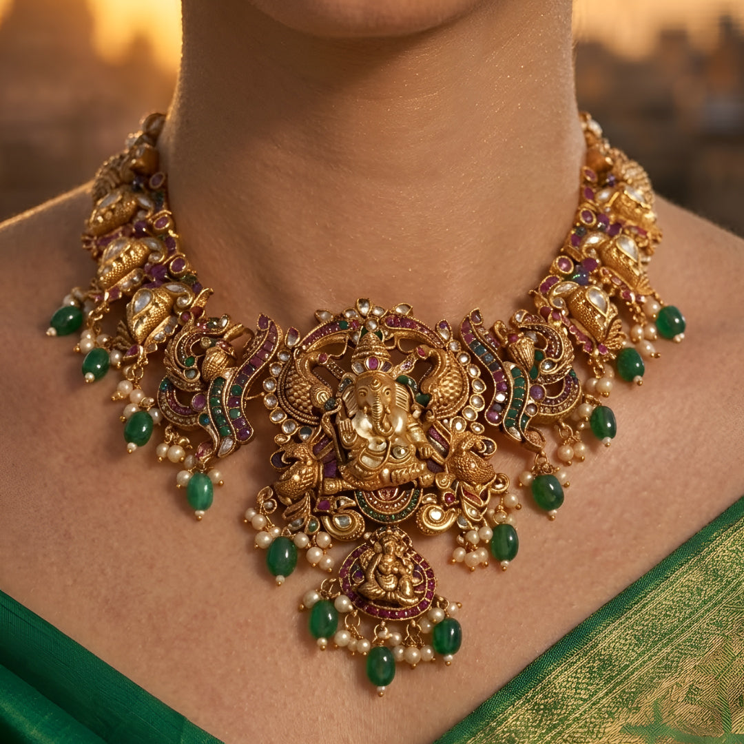 Traditional South Indian Temple Jewellery Lakshmi Necklace Set with matching Jhumka Earrings, antique gold finish, green bead drops, and ruby stone embellishments for bridal and festive wear.