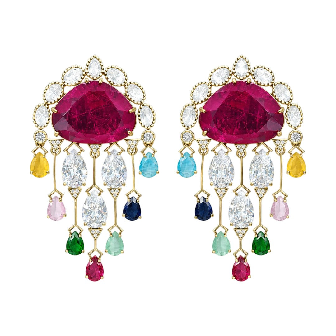 Luxury gold-plated multicolor crystal ear cuff earrings featuring a ruby pink center stone, sparkling cubic zirconia, and colorful gemstone-inspired drops for bridal and party wear.