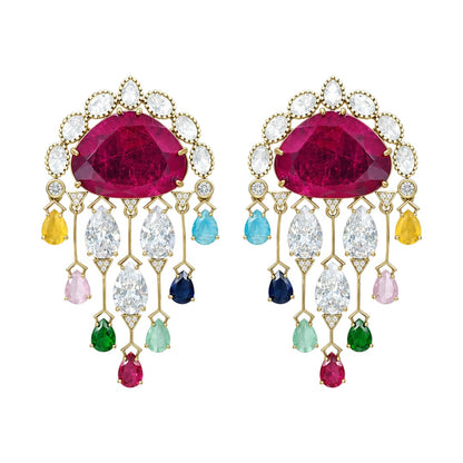 Luxury gold-plated multicolor crystal ear cuff earrings featuring a ruby pink center stone, sparkling cubic zirconia, and colorful gemstone-inspired drops for bridal and party wear.