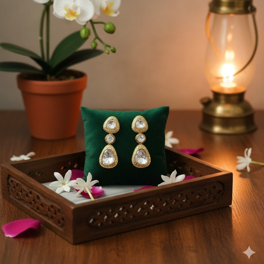 Elegant Gold-Plated Triple Stone Kundan Earrings