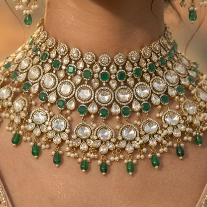 Emerald green stone Kundan bridal choker necklace set with crystal detailing and matching long earrings