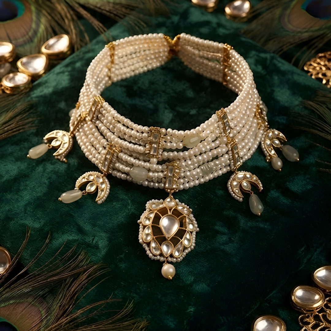 Traditional white pearl Kundan choker necklace for women with gold-plated pendant, bridal wedding jewellery.