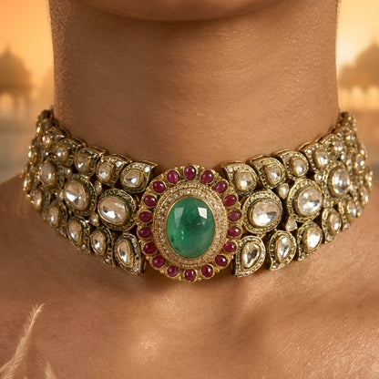 Royal Green Kundan Choker Necklace Set with Ruby Accents | Bridal Traditional Jewelry Set for Women
