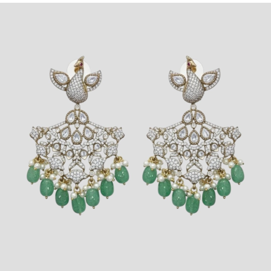 “Royal Peacock Kundan Bridal Necklace Set with Emerald Beads and Earrings – Gold Plated Wedding Jewellery”