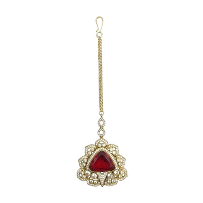 Luxury Ruby Red Kundan Maang Tikka for Women with Gold-Plated Traditional Bridal Design