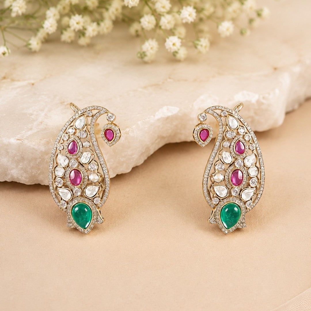 Gold-plated paisley Kundan stud earrings with pink and green stones for women