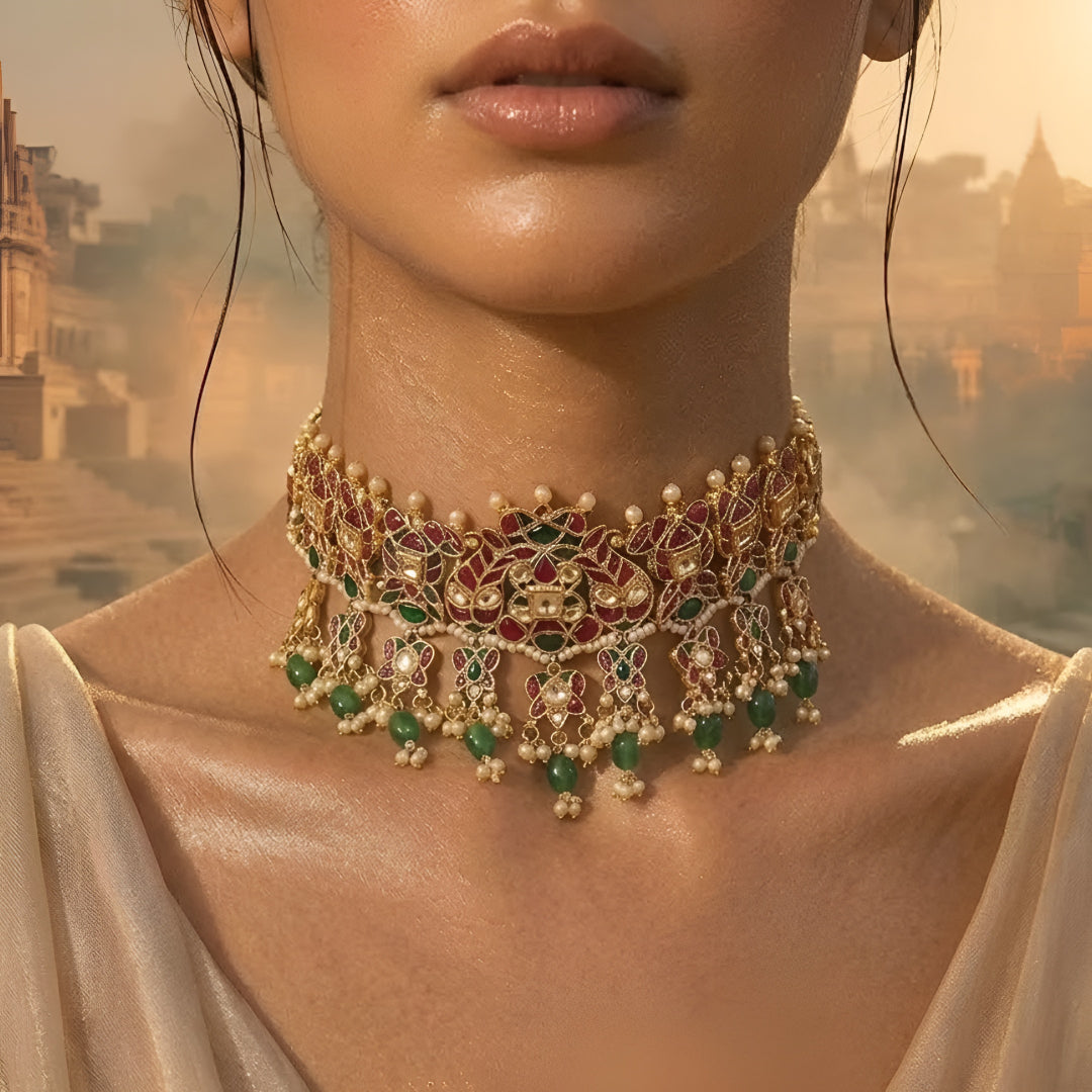 Traditional gold-plated Kundan choker necklace set with red and green stones, dangling green beads, and matching chandbali earrings for bridal wear.