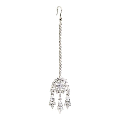 Silver-plated American Diamond floral maang tikka with dangling CZ stones for bridal, wedding, festive, and party wear.