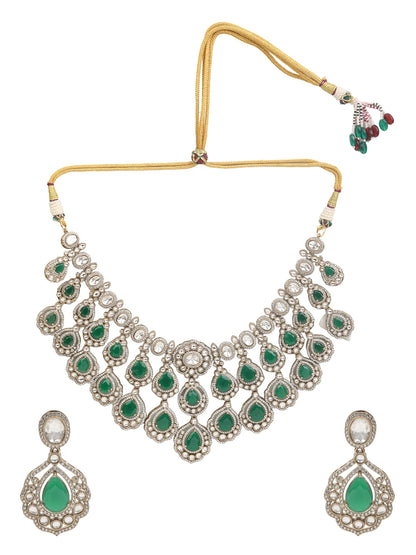 Traditional Kundan Emerald Green Necklace Set with Earrings Gold Tone Bridal Jewelry