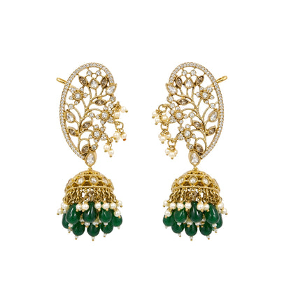 Luxury gold-plated Kundan Polki ear cuff jhumka earrings with green bead drops and pearl detailing for bridal and festive wear.