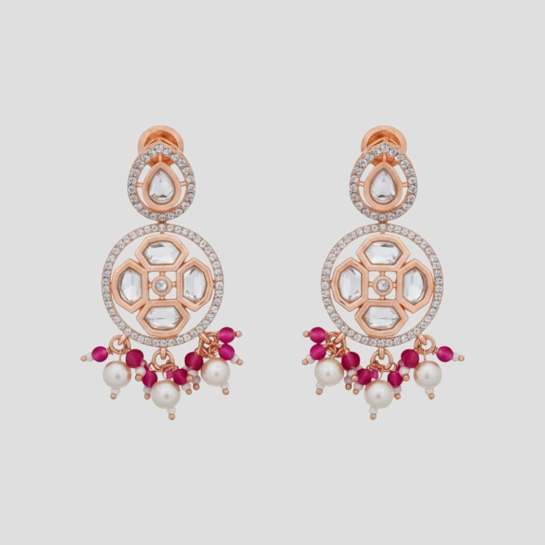 Rose Gold Kundan Pendant Necklace & Earrings Set with Ruby Beads and Pearls