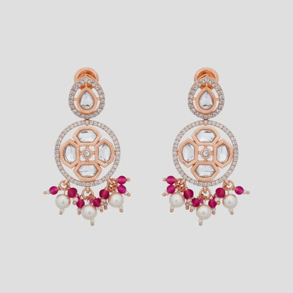 Rose Gold Kundan Pendant Necklace & Earrings Set with Ruby Beads and Pearls
