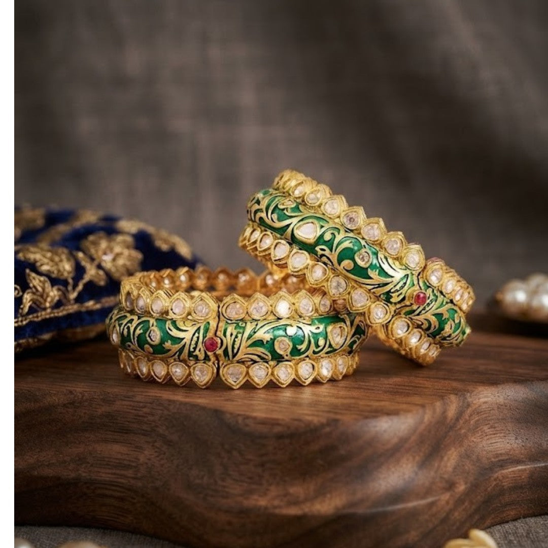 Green Meenakari-inspired AD studded gold tone designer bangle set with floral detailing