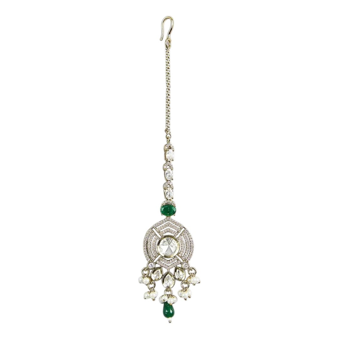 Auraa Trends Silver-Plated American Diamond & Green Stone Maang Tikka for Women | Bridal Wedding Ethnic Forehead Jewelry