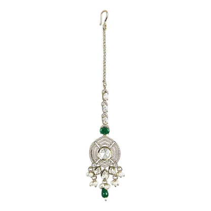 Auraa Trends Silver-Plated American Diamond & Green Stone Maang Tikka for Women | Bridal Wedding Ethnic Forehead Jewelry