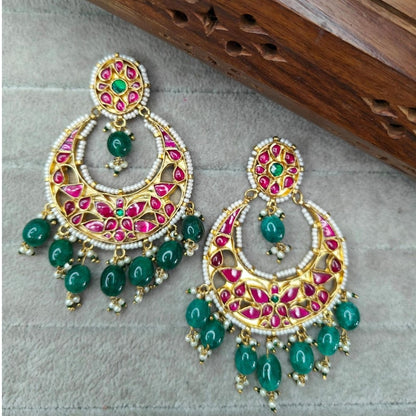 Gold-Plated Meenakari Chandbali Earrings with Green Beads and Pink Enamel Work