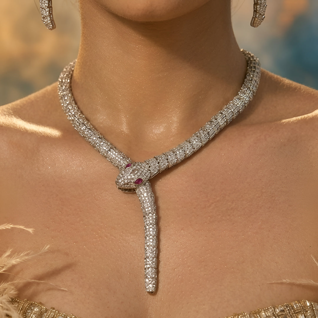 Luxury Serpent Diamond Necklace Set with Ruby Eyes | Designer Statement Jewelry