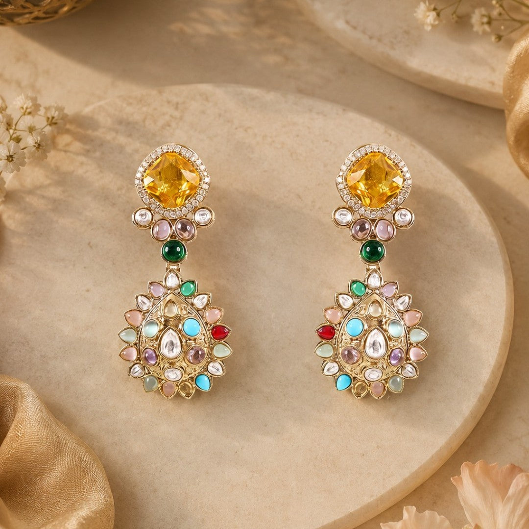 Gold-plated multicolor Kundan drop earrings with yellow crystal stone and pastel gemstone detailing for women
