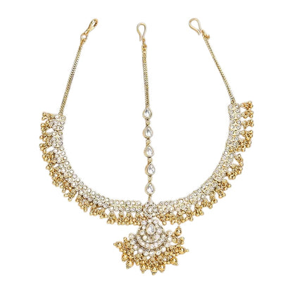 Gold-plated Kundan Matha Patti with matching Maang Tikka featuring white stones for bridal, wedding, and festive ethnic wear.