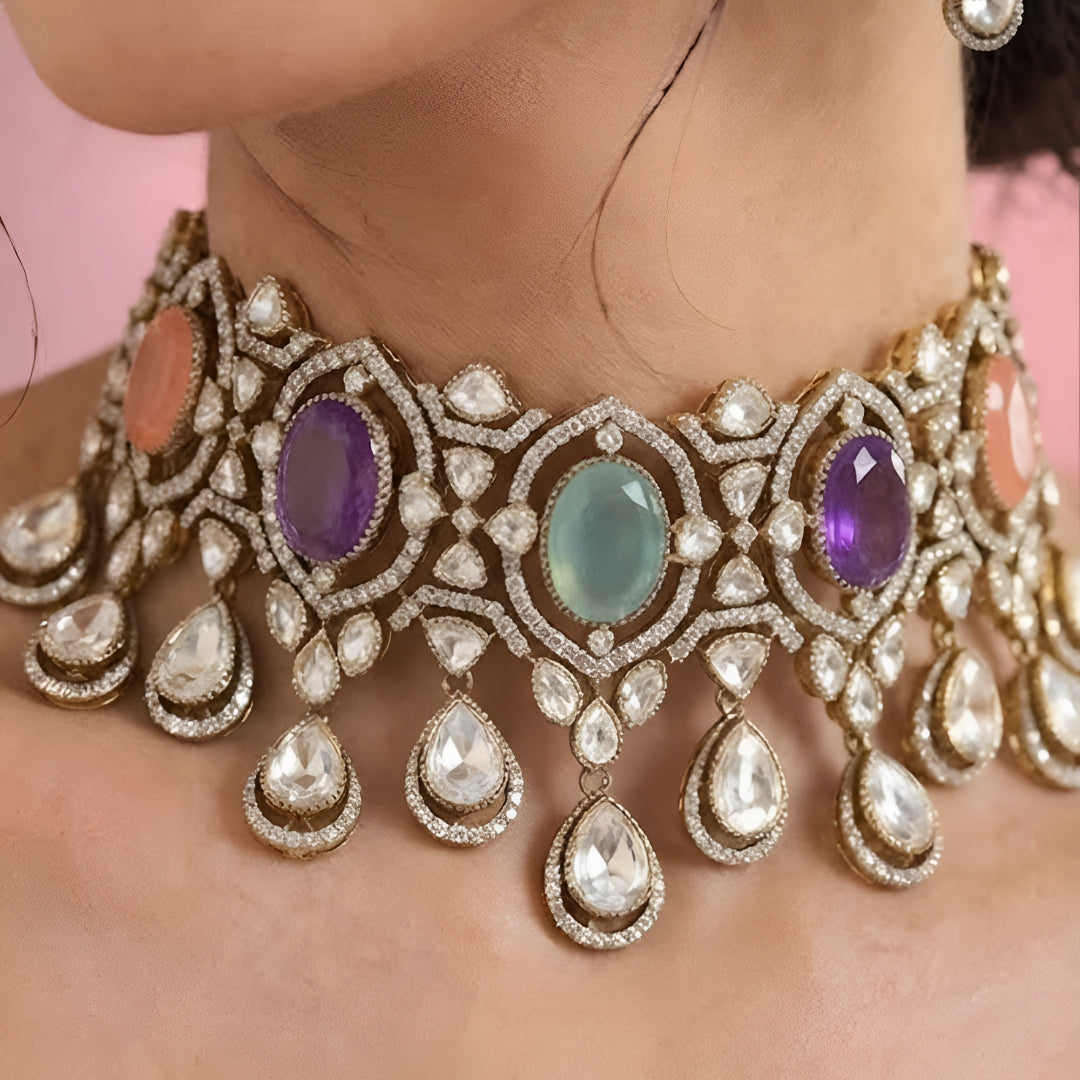 Multicolor Kundan choker necklace set with matching chandelier earrings in gold plating by Auraa Trends