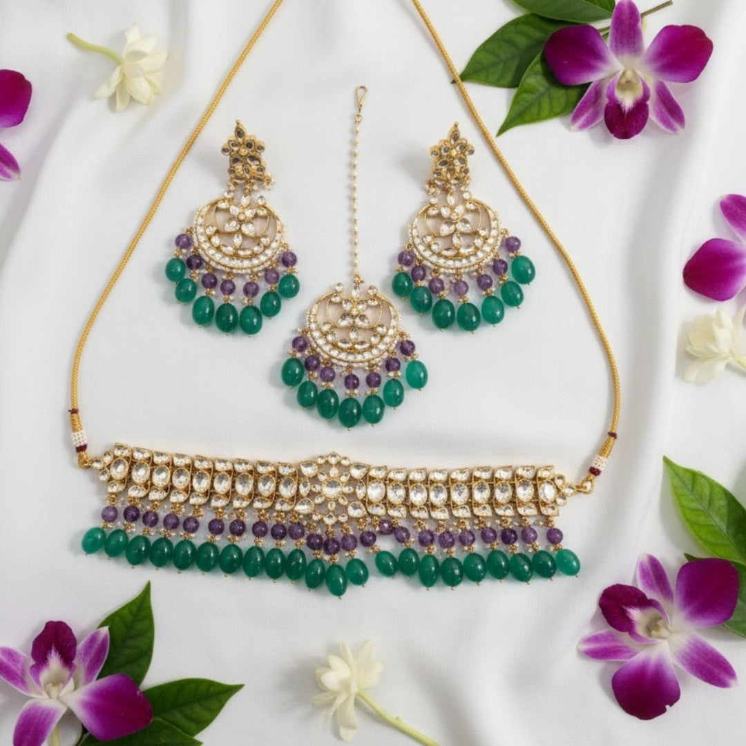 Traditional Kundan Choker Necklace Set with Green & Purple Beads