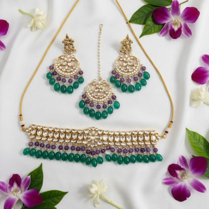 Traditional Kundan Choker Necklace Set with Green & Purple Beads