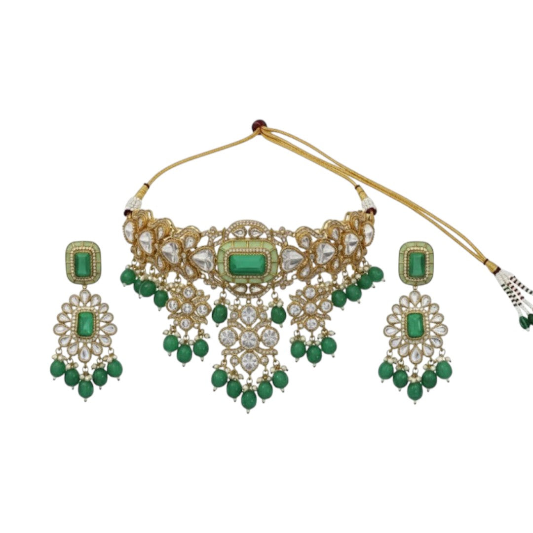 "Gold-plated kundan choker necklace set with green beads and matching earrings – traditional Indian jewelry for women"
