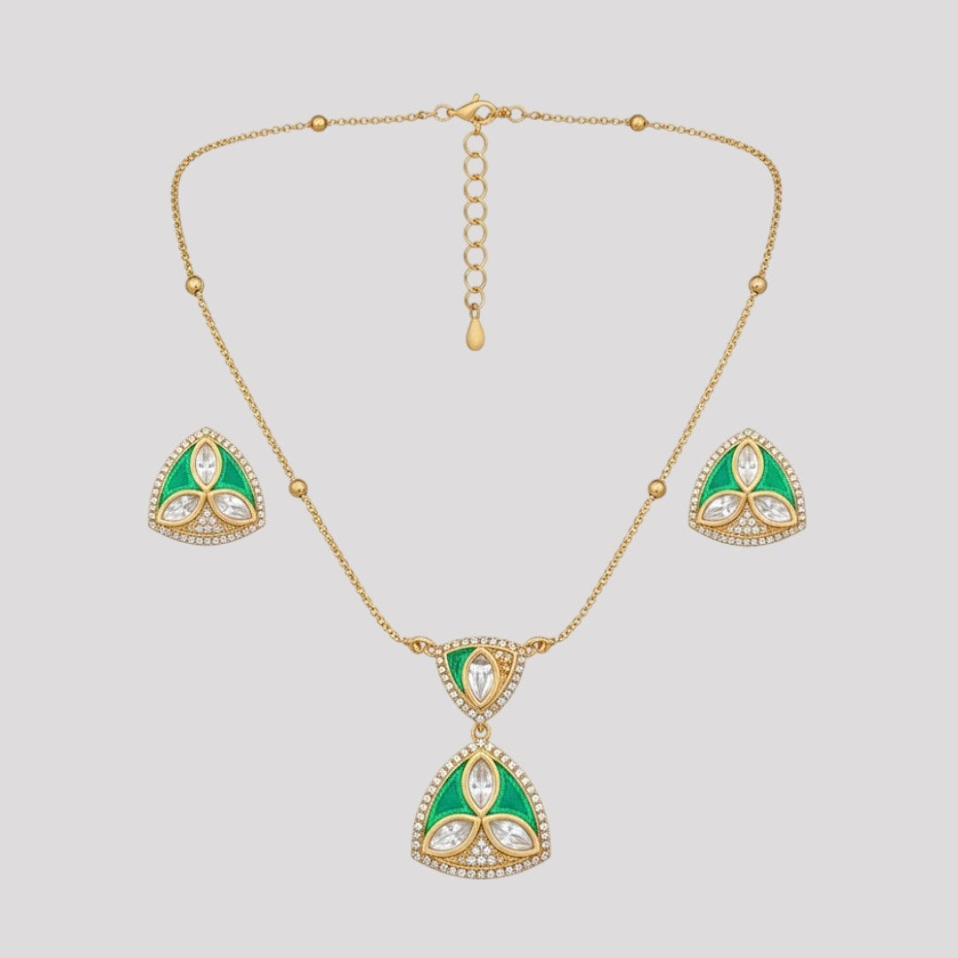 Green Enamel & White Stone Gold-Plated Elegant Necklace Set