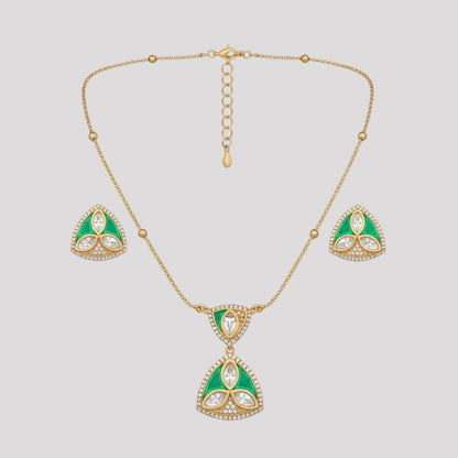 Green Enamel & White Stone Gold-Plated Elegant Necklace Set