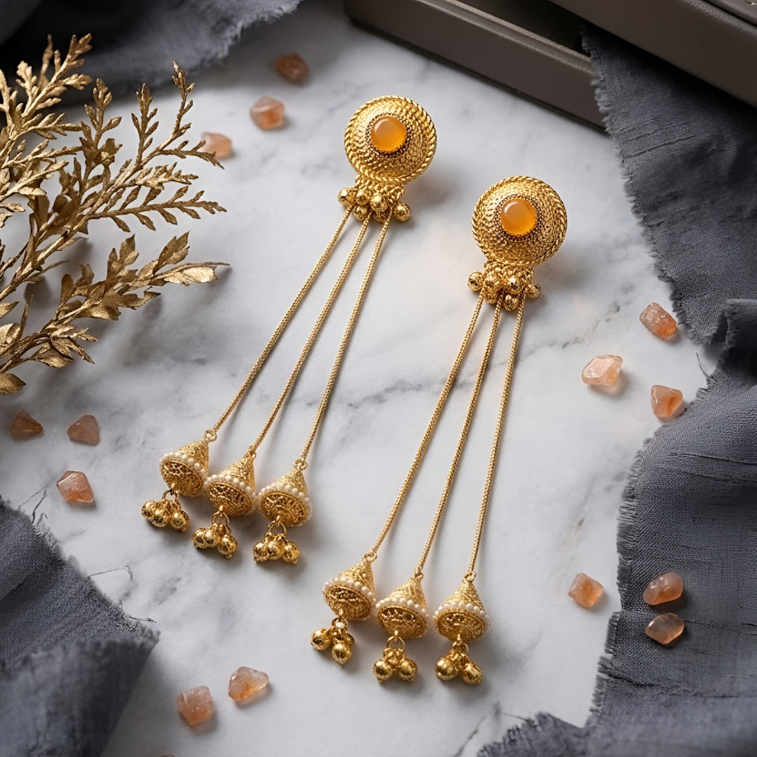 Traditional Gold Plated Long Chain Jhumka Tassel Earrings for Women