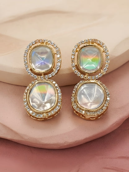 "Gold-plated iridescent double cushion cut crystal drop earrings with CZ halo border, statement party wear earrings on white background"