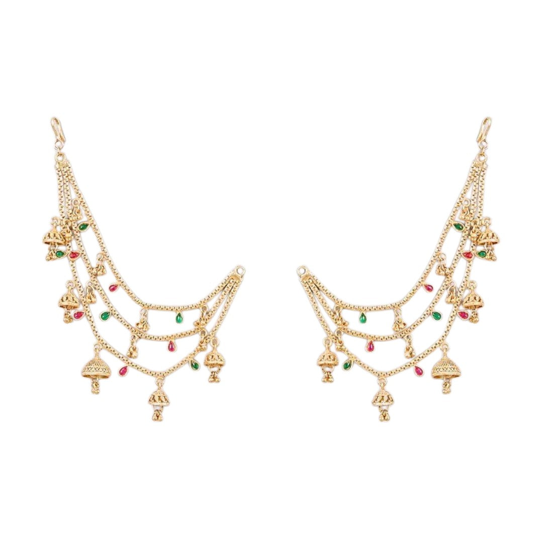 Traditional gold plated multilayer Kaan Chain with jhumka charms and red green stone detailing for women, perfect for bridal, wedding, festive, and ethnic wear.