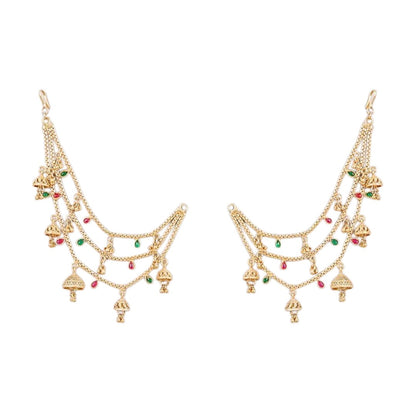 Traditional gold plated multilayer Kaan Chain with jhumka charms and red green stone detailing for women, perfect for bridal, wedding, festive, and ethnic wear.