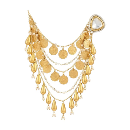 Gold plated Polki ear cuff chain earrings with layered coin charms, tassel drops and pearl accents for bridal and wedding wear.