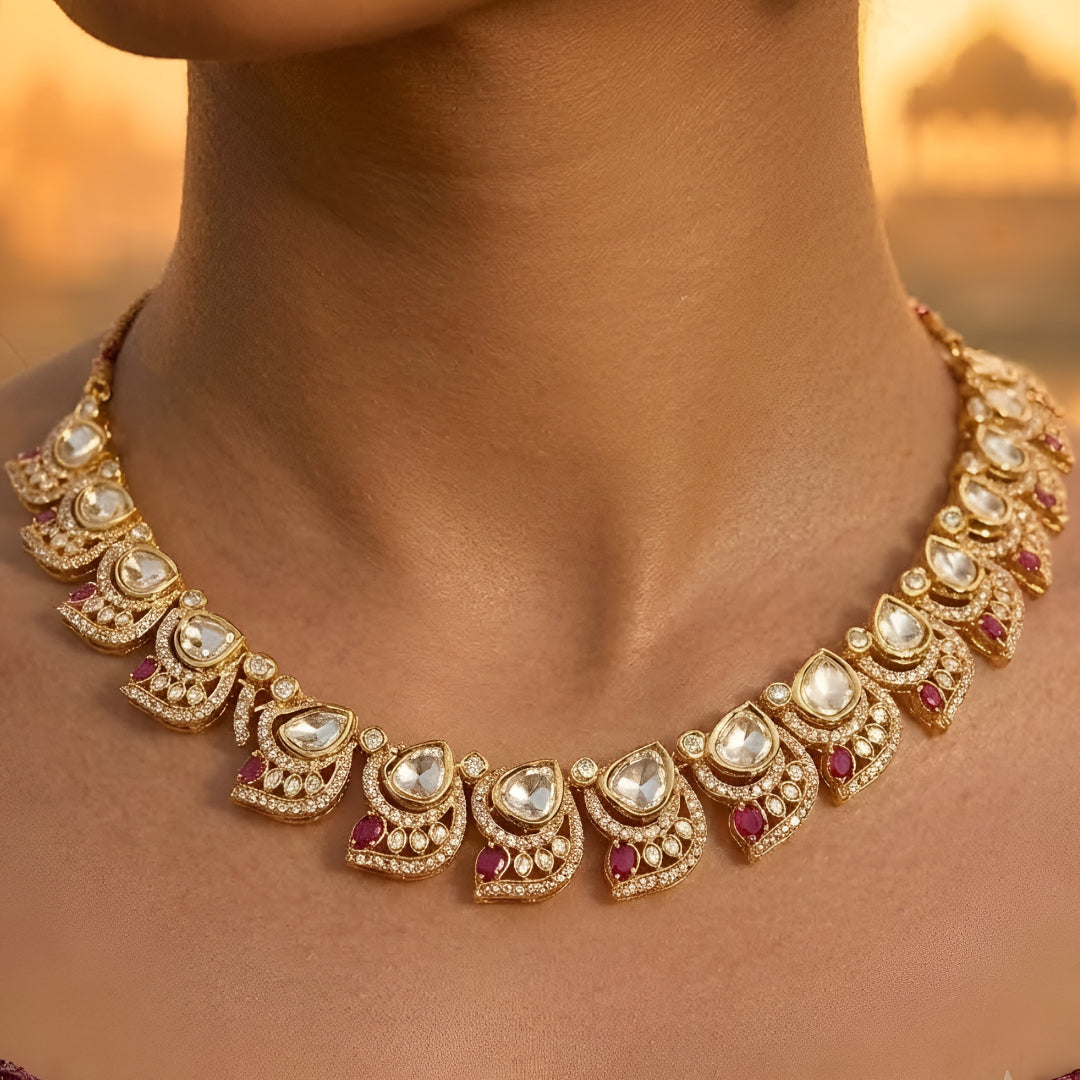 Luxury Pink & White Crystal Statement Necklace Set with Matching Drop Earrings