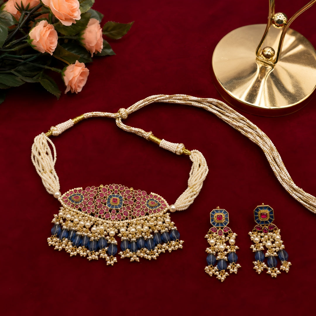 "Kundan pearl choker necklace set with blue tassels and matching earrings