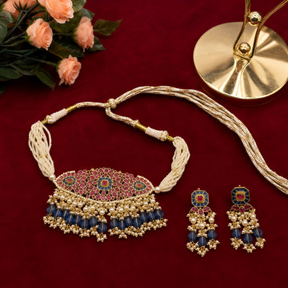 "Kundan pearl choker necklace set with blue tassels and matching earrings