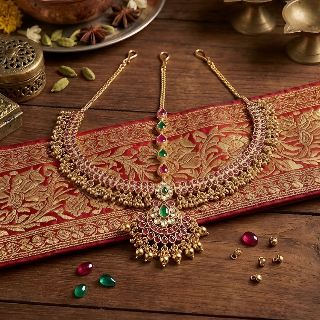 Traditional gold-plated Matha Patti with pink and green Kemp stones and matching maang tikka, perfect for bridal and festive wear.