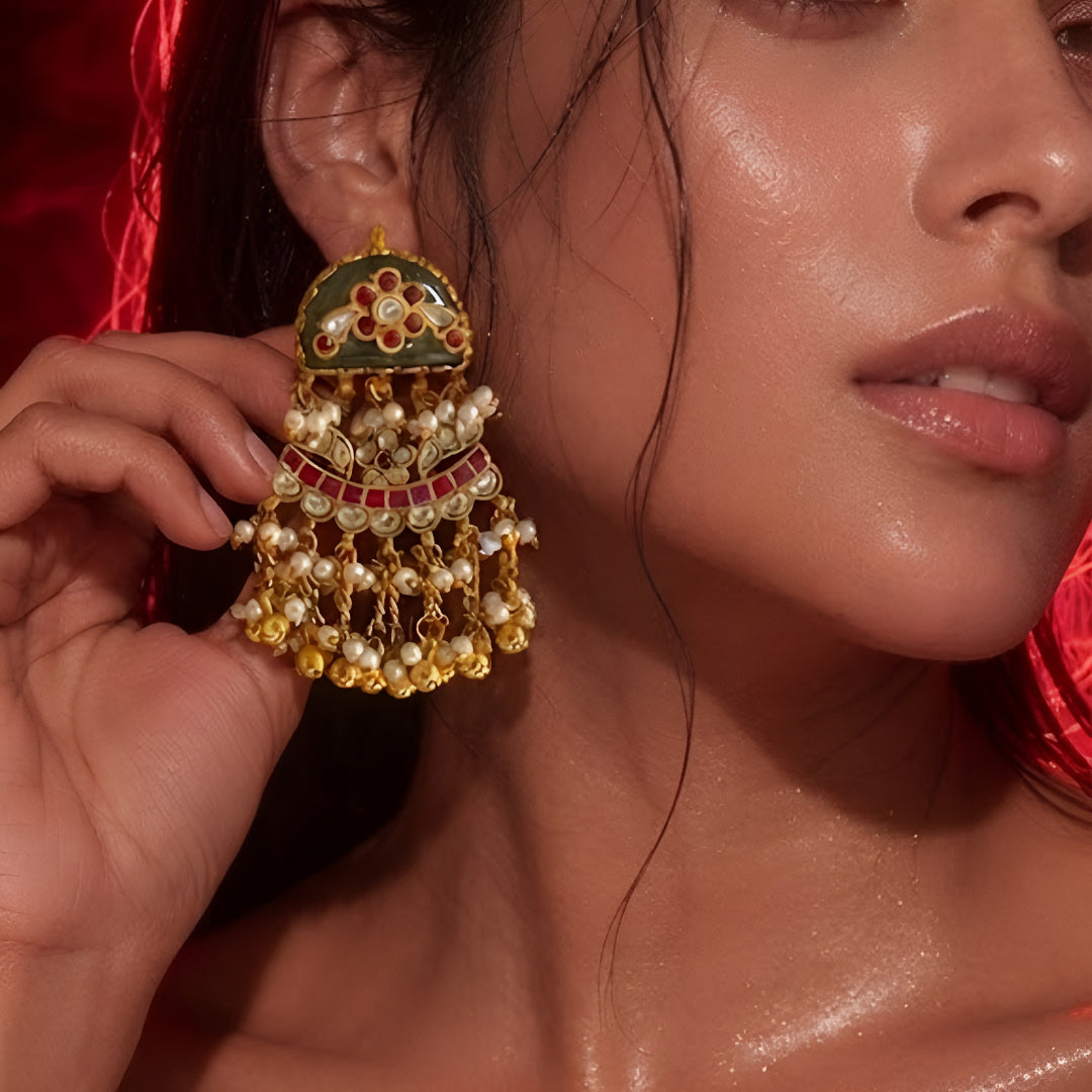"Antique gold meenakari choker necklace set with elephant motif and matching pearl jhumka earrings, traditional bridal jewellery"
