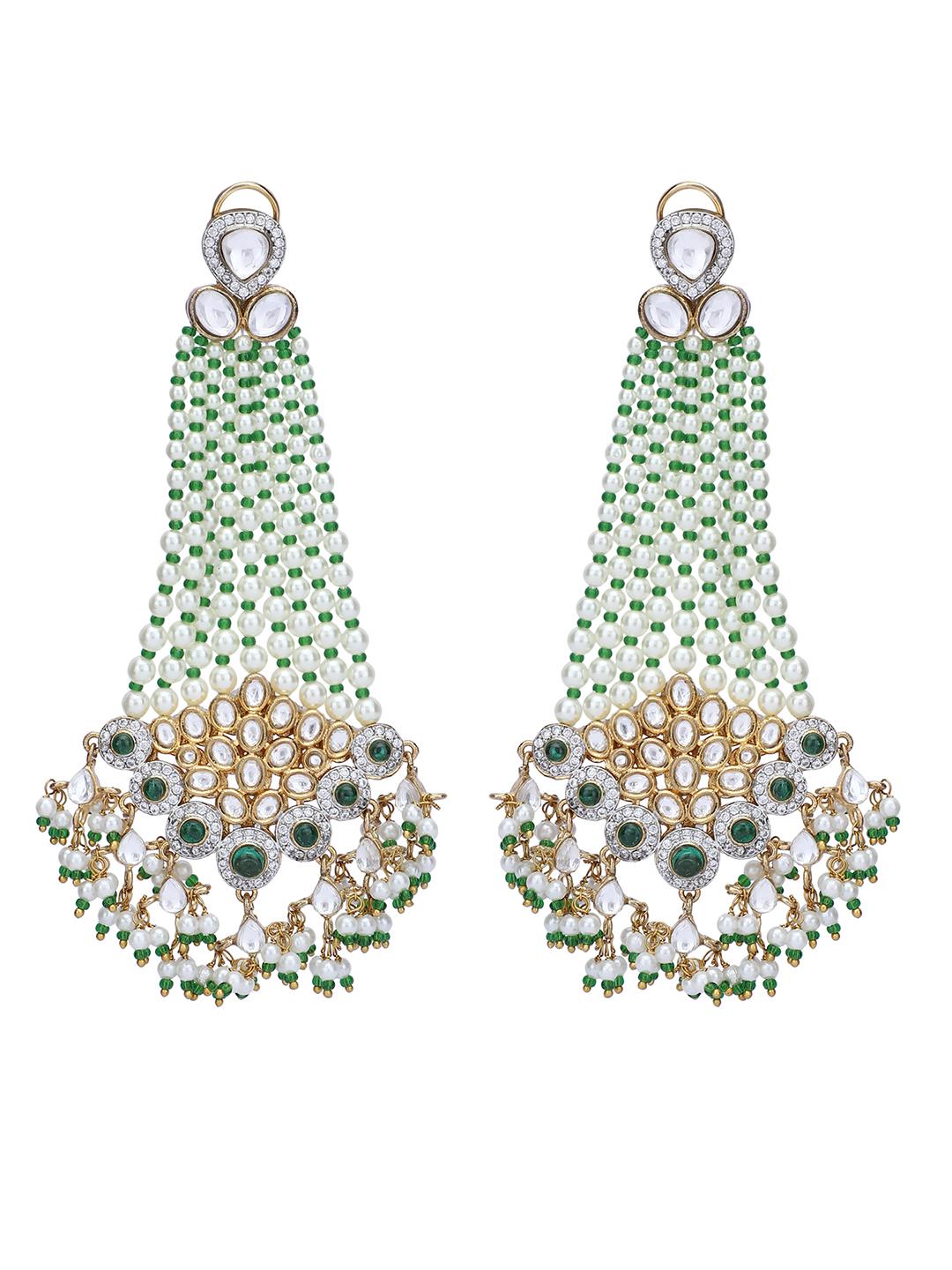 Royal Kundan & Pearl Chandbali Earrings with Green Accents