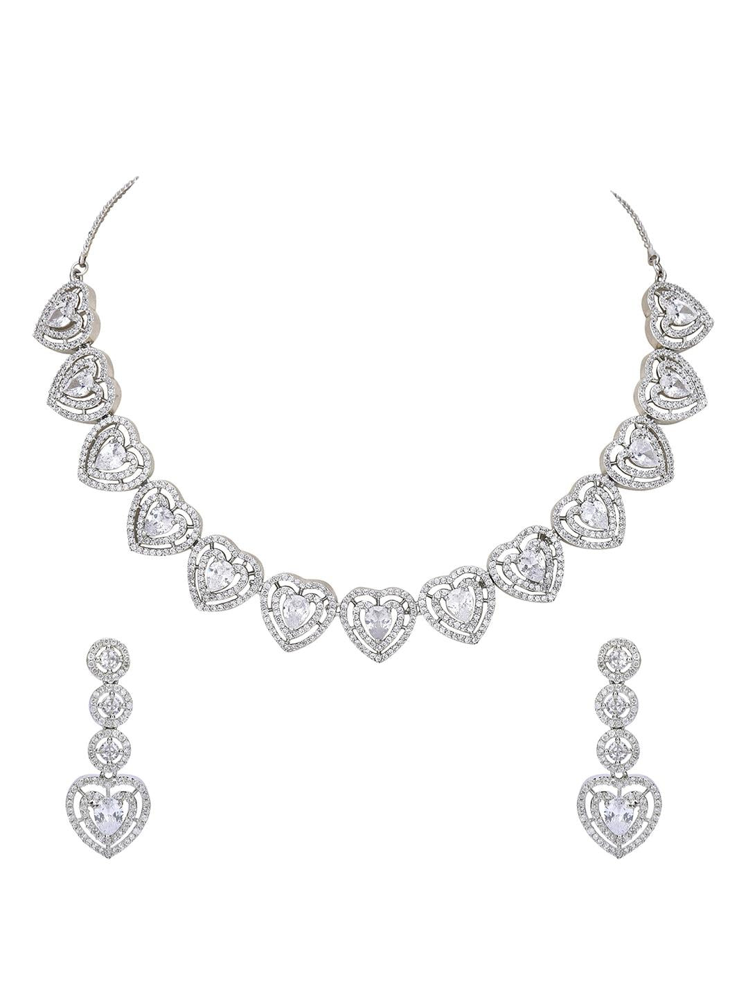 Heart Shaped Rhodium plated American Diamond Necklace Set