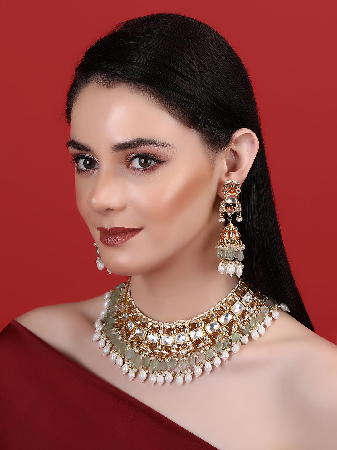 Beautifully Handcrafted Green Kundan Necklace Set