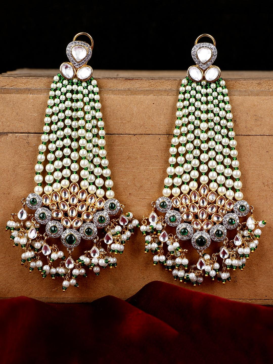 Royal Kundan & Pearl Chandbali Earrings with Green Accents