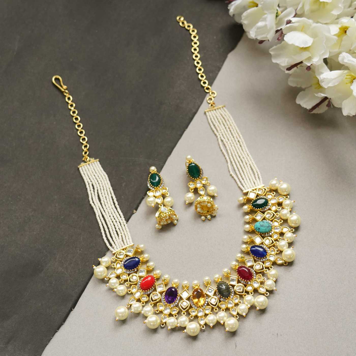 Lustrous Gold Plated Multi Color Kundan Polki Necklace Set
