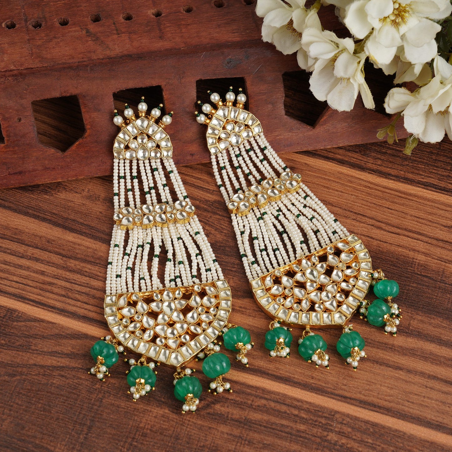 Grand Kundan & Pearl Chandbali Earrings with Green Beads