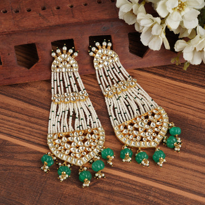 Grand Kundan & Pearl Chandbali Earrings with Green Beads